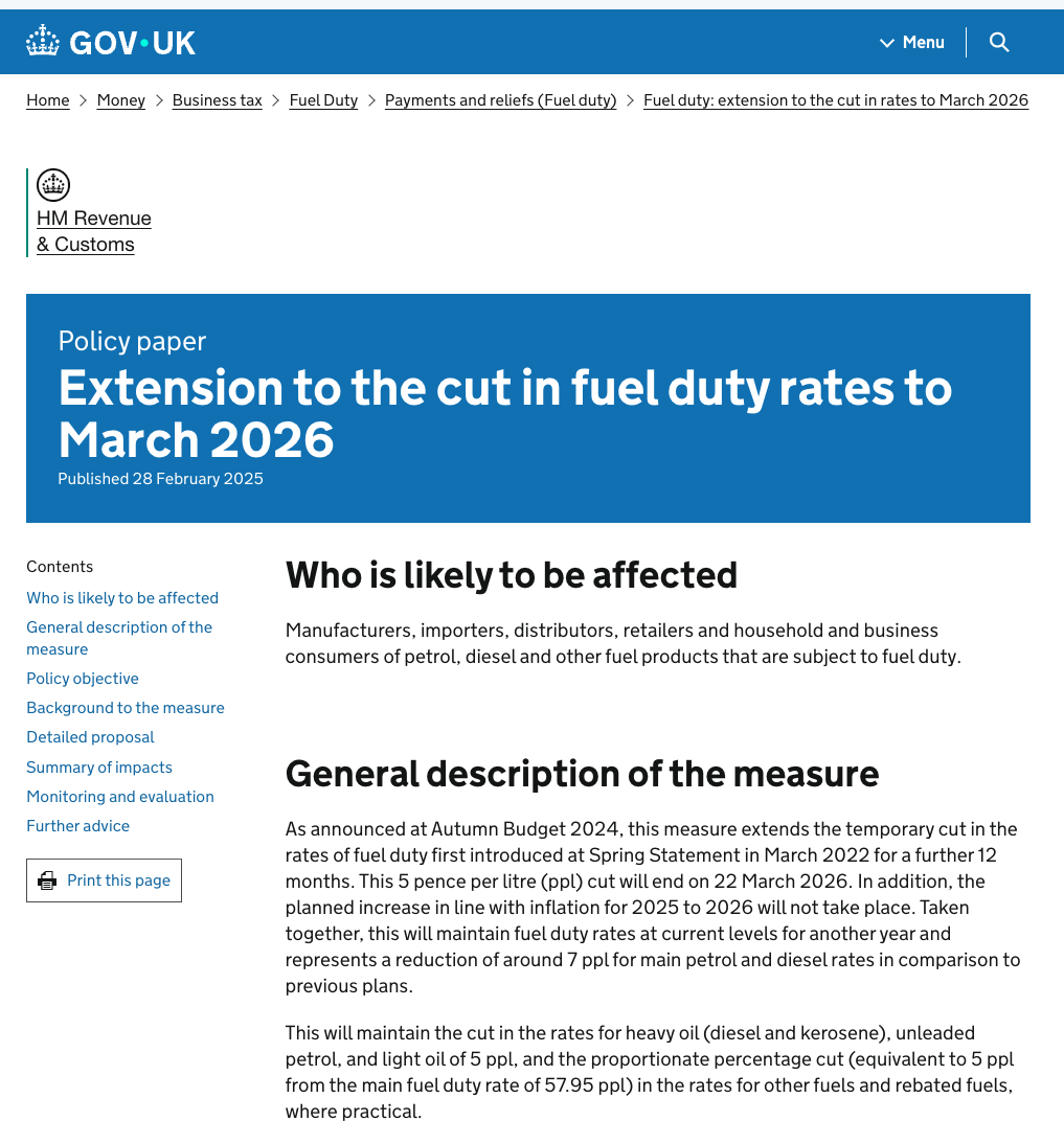 Fuel duty rate screen grab